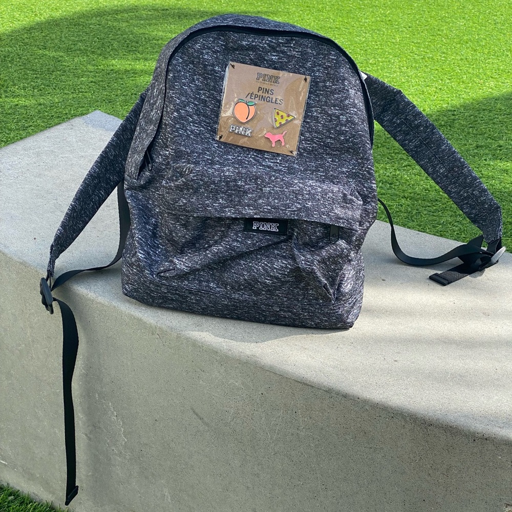 PINK Grey Mini Nylon Zippered Backpack w Collectible Enamel Logo Emoji Pins NWT - Picture 4 of 16